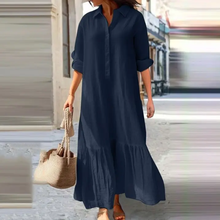 Vestido Largo de Algodón y Lino Manga Larga, Botón, Color Sólido, Borlas Sueltas - 1