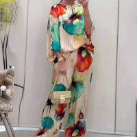 Conjunto de Satén con Estampado de Gradiente Alta Cintura, Pantalones Sueltos, Camisas de Manga Larga Moda Callejera de Otoño 2024 para Mujeres - details 4