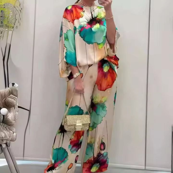 Conjunto de Satén con Estampado de Gradiente Alta Cintura, Pantalones Sueltos, Camisas de Manga Larga Moda Callejera de Otoño 2024 para Mujeres - 1