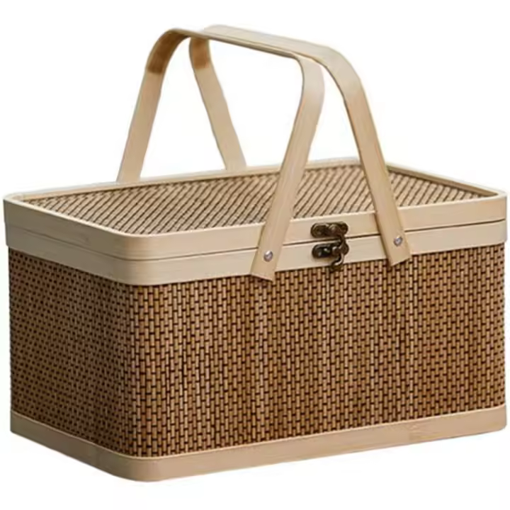 Cesta de bambú tejida Natural con tapa, cesta de Picnic de bambú, aperitivos de mano, cesta de almacenamiento de pan - 1