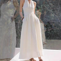Vestido de Verano Largo con Cintura Estilo de Vacaciones Francés Beige - details 3