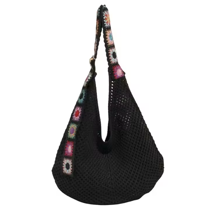 Bolso de mano de ganchillo de gran capacidad para mujer, bolsa tejida hueca ligera de estilo étnico, con correa bordada, tejido de algodón - 1