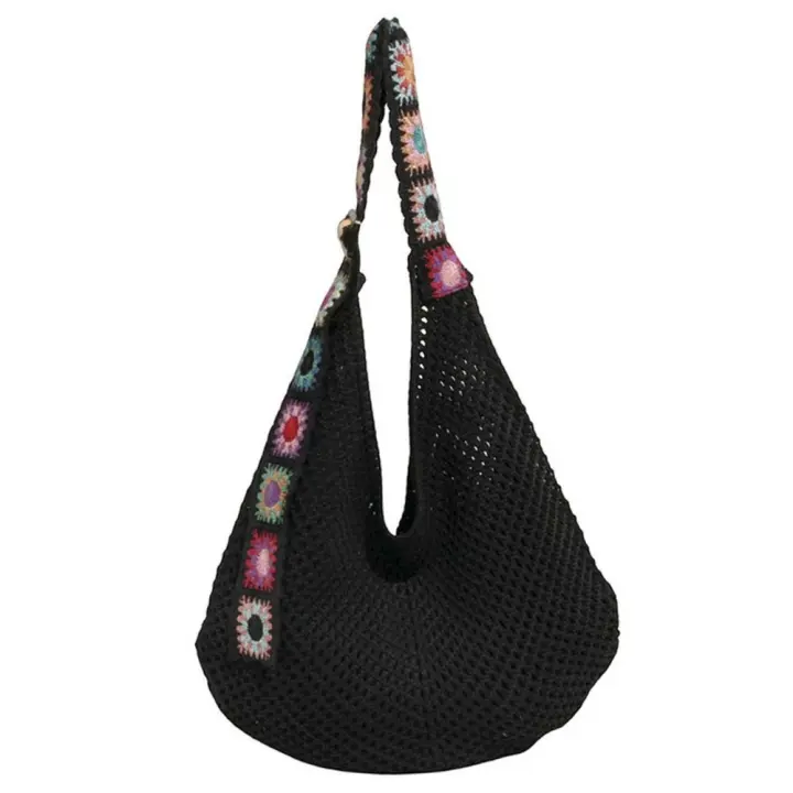 Bolso de mano de ganchillo de gran capacidad para mujer, bolsa tejida hueca ligera de estilo étnico, con correa bordada, tejido de algodón - 1