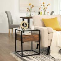 Estilo Industrial, Mesa de Consola de Cristal Templado con Cajón y Repisa Rústica, Mesita de Noche, - details 1