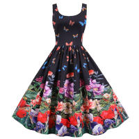 Vestido midi de fiesta elegante sin mangas con estampado floral y tirantes finos para mujer - details 25