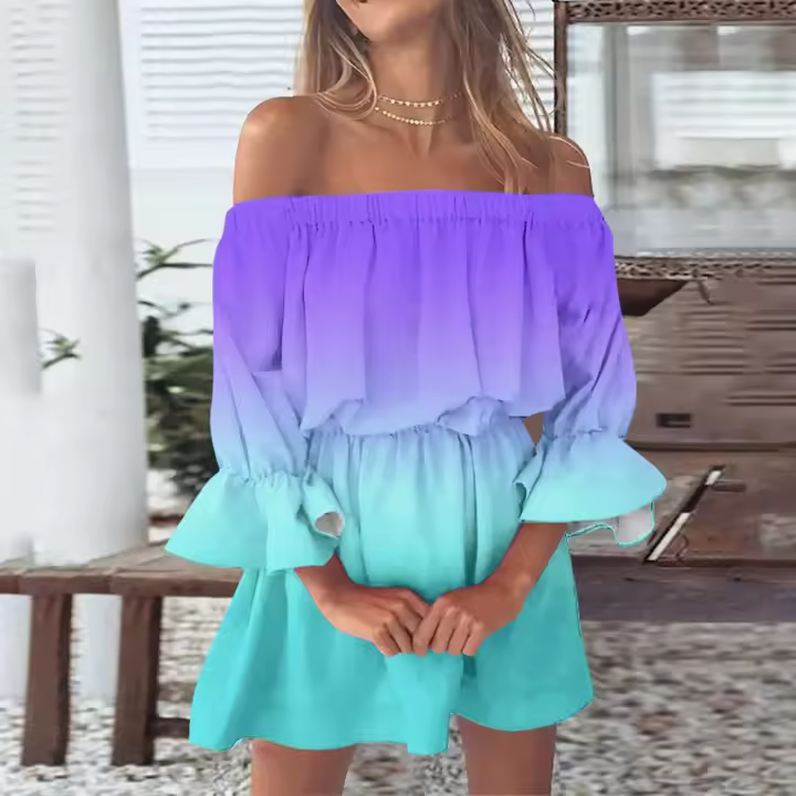 Vestido de Playa Boho con Estampado de Gradiente Hombro Desechado, Cuello de Corte, Mangas Cortas, Borlas para Mujeres Vestido de Verano - 1