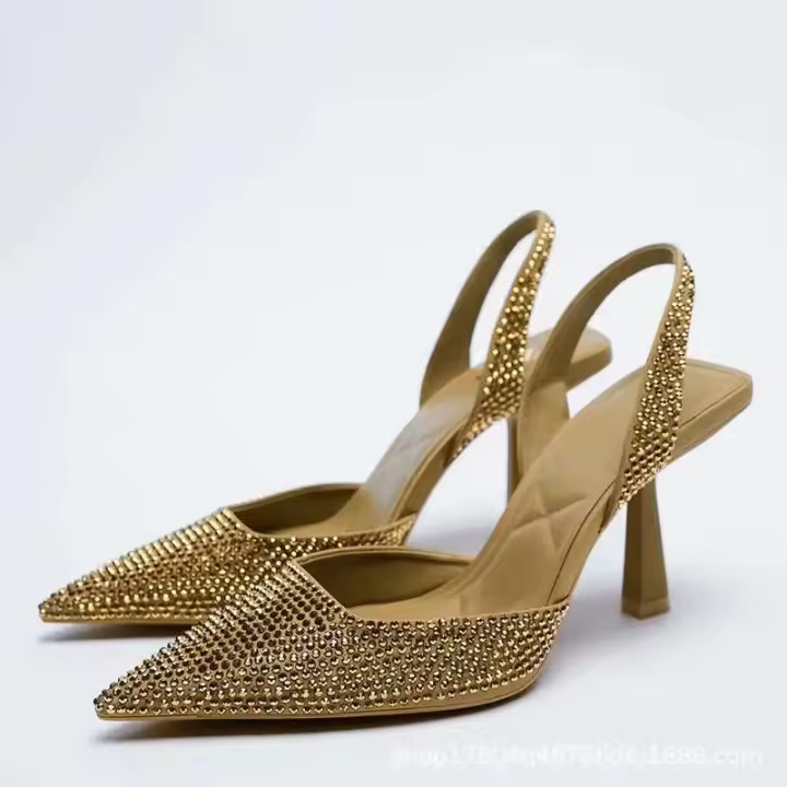 Sandalias de Tacón Dorado para Mujer 2024 Punta Afilada con Cristal Stiletto Africano para Fiesta - 1