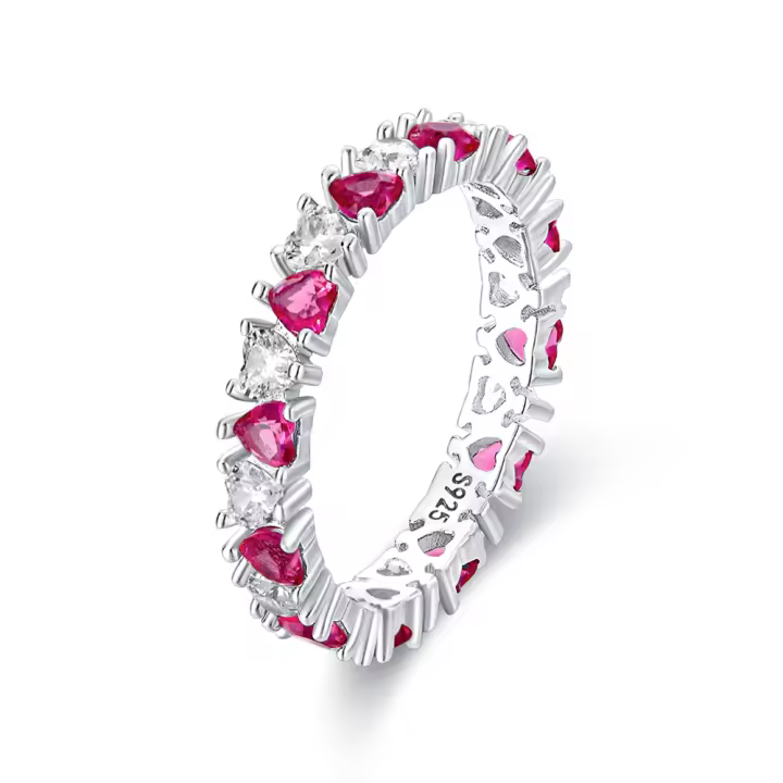 Anillo Romántico de Plata Brillante Corazón Rosa Amor Sin Tiempo Bodas Fiestas - 1