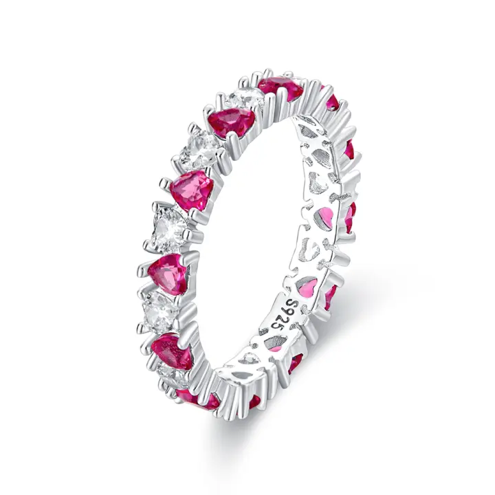 Anillo Romántico de Plata Brillante Corazón Rosa Amor Sin Tiempo Bodas Fiestas - 1