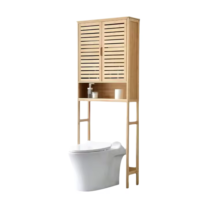 Mueble de Baño de Bambú Natural Almacenamiento de Alto Armario con 2 Puertas - 1