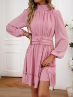 Vestido corto rosa de cintura alta con volantes para mujer, minivestido informal con manga abullonada, cintura anudada, 2024 - details 4