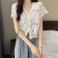 Tops Y2k de moda coreana de punto Ence para mujer, cárdigan de manga corta con cuello en V, chaqueta hueca, novedad de verano - details 9