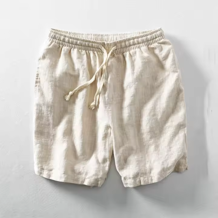 Pantalones cortos de lino para hombre, rayados de verano, transpirables, ajuste suelto y ajustado con cordones. Ideales para la playa. - 1