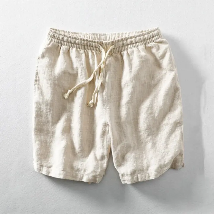 Pantalones cortos de lino para hombre, rayados de verano, transpirables, ajuste suelto y ajustado con cordones. Ideales para la playa. - 1