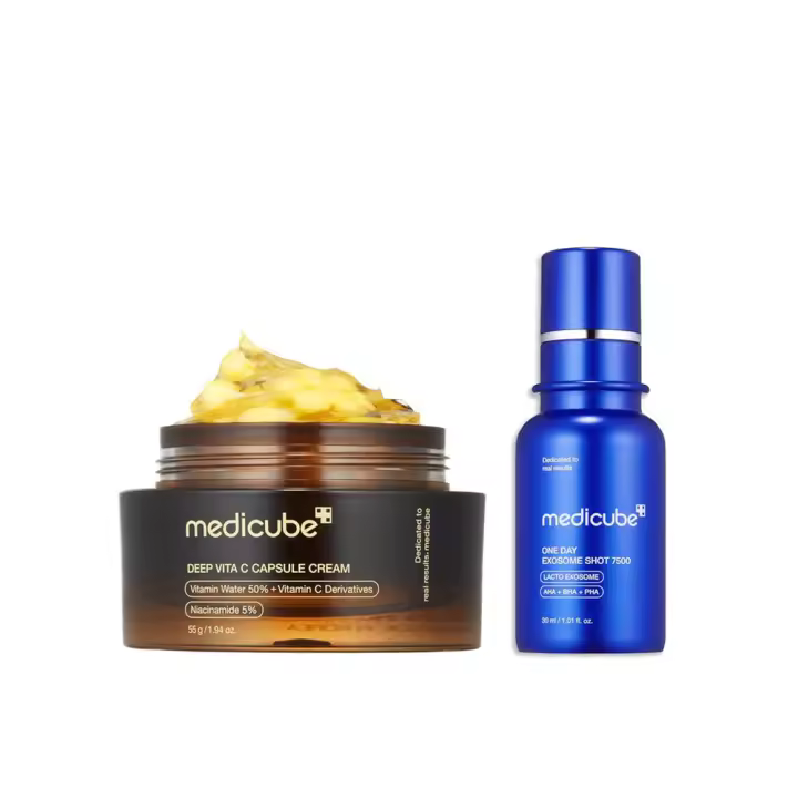 medicube Flawless Skin: Hidratante facial en cápsula dorada con vitamina C profunda y suero facial con espinulina de 7500 ppm con inyección de exosomas cero - 1