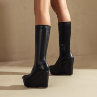Botas ajustadas de tacón alto para mujer, botines de moda con cremallera lateral y cabeza redonda, manga media, Otoño/Invierno, 2025 - details 3