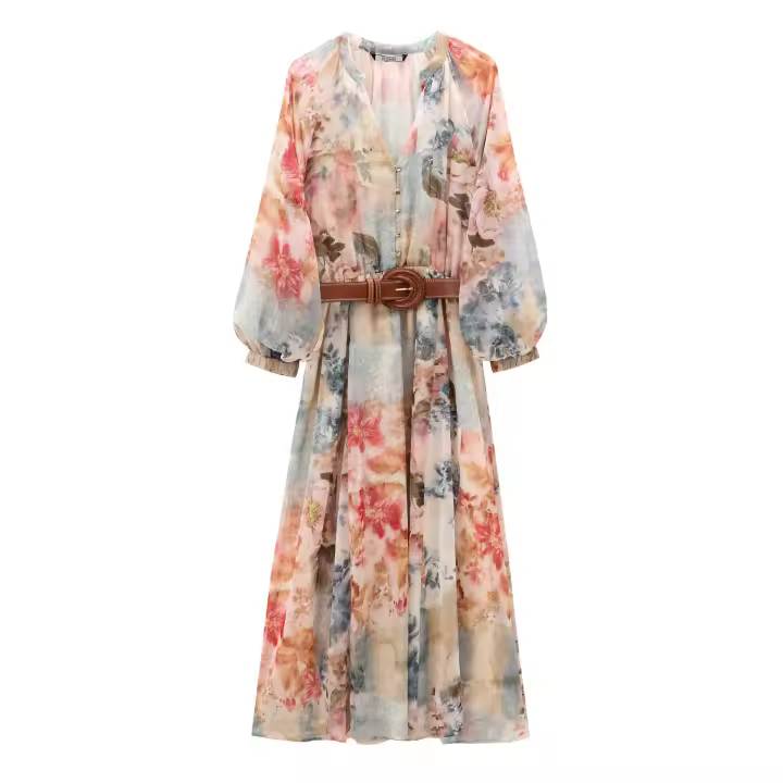 Nueva ropa de mujer, diseño francés europeo y americano con vestido Midi con estampado de cinturón 91162 - 1