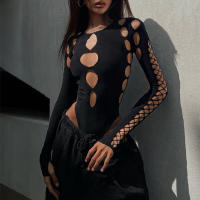 BUNO-Camiseta con lunares calados para mujer, camiseta Sexy Y2K gótica Punk de manga larga, ropa de calle de otoño, monos con corpiño ajustado - details 4