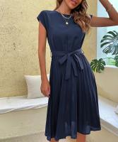 Vestido plisado elegante para mujer, manga corta con cinturilla, verde negruzco S, Verano - details 15