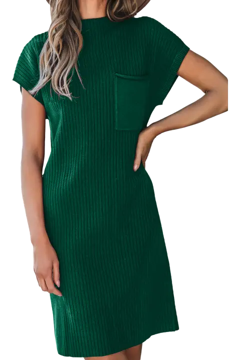 Elrachen Vestido suéter de manga corta de punto acanalado para mujer, verde negruzco, tallas S-XL - 1