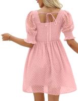 Vestido de verano de las mujeres 2023 Casual Flowy Beach Cuello cuadrado Linterna Manga corta Plisado Una línea Vestido Tie Mini vestido - details 16