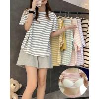 Conjunto de pijama de lata grande para mujer con almohadilla de verano estilo coreano moda suelta e informal estampado de rayas verdes ropa de casa - details 7