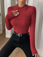 Top de punto de manga larga con cuello con volantes, camiseta interior a rayas con cuello medio para mujer, suéter informal de otoño-invierno - details 12