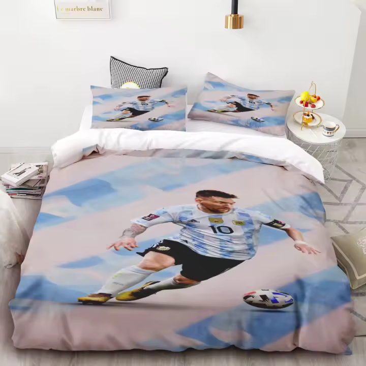 Juego de Ropa de Cama de Fútbol Estrella Messi Funda de Edredón, Funda de Almohada, Tamaño Cama Dormitorio Twin-King, Textil para el Hogar, Moda para Adultos - 1