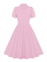 2025 nuevo Retro Turn Down Collar abotonada plisado sólido vestido de camisa de algodón de manga corta mujeres lisos Vintage vestidos hasta la rodilla - details 16