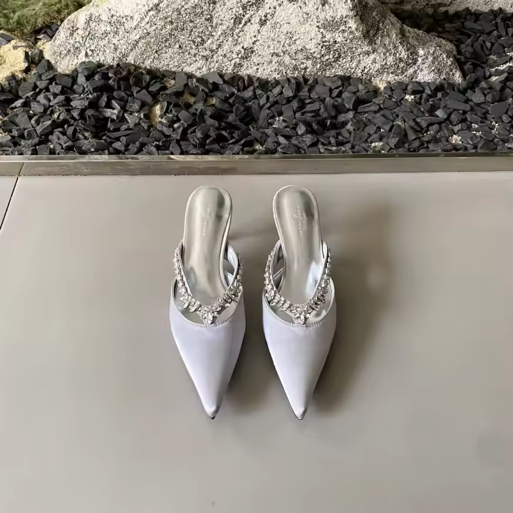 Diamante de imitación francés con zapatillas geniales tacón grueso cabeza puntiaguda bolsa cabeza media zapatillas tacones altos - 1