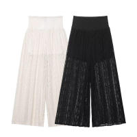 OUWU- Pantalones elásticos de cintura alta vintage de pierna ancha recta para mujer de moda, pantalones largos elegantes para mujer - details 1