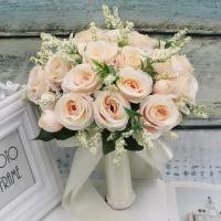Ramo de flores artificiales para dama de honor, Rosa Natural con cinta de satén de seda, rosa, blanco, champán, fiesta nupcial - details 0