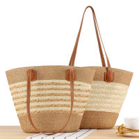 2025 nueva bolsa de mano de gran capacidad a rayas bolsa tejida a mano con textura Premium bolsa de hombro versátil para vacaciones - details 0