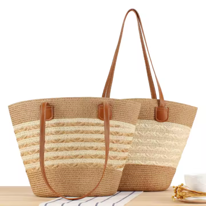 2025 nueva bolsa de mano de gran capacidad a rayas bolsa tejida a mano con textura Premium bolsa de hombro versátil para vacaciones - 1