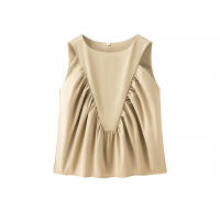 OUWU- Blusa plisada a la moda para mujer, sin mangas, cuello redondo, Top elegante, camisa femenina, prenda de moda - details 2