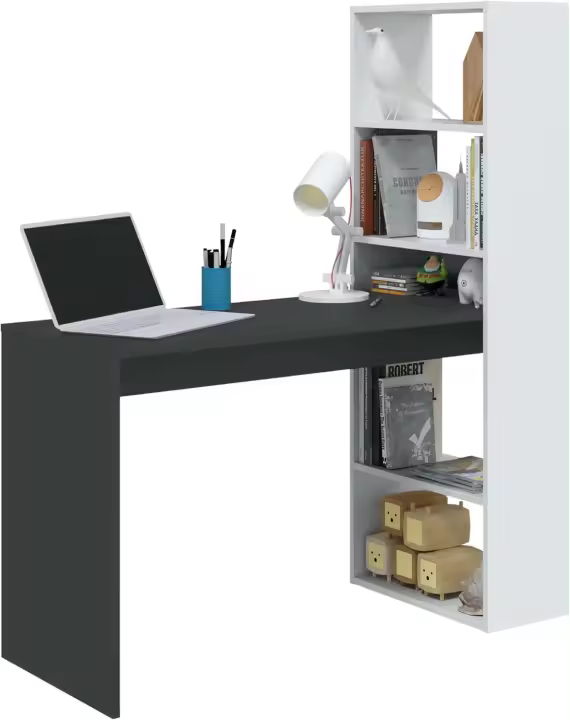 Escritorio con Estanteria Reversible, Mesa de Ordenador, Blanco Artik y Roble Canadiense, Modelo Duplo, Medidas: 120 cm (Ancho) x 53 cm (Fondo) x 144 cm (Alto) - 1