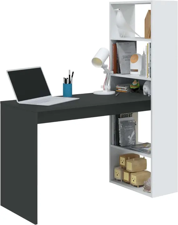 Escritorio con Estanteria Reversible, Mesa de Ordenador, Blanco Artik y Roble Canadiense, Modelo Duplo, Medidas: 120 cm (Ancho) x 53 cm (Fondo) x 144 cm (Alto) - 1