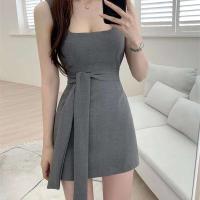 Mini vestido de fiesta Formal con cuello cuadrado elegante para mujer, diseño delgado de cintura coreana, traje sin mangas de verano 2025 - details 3