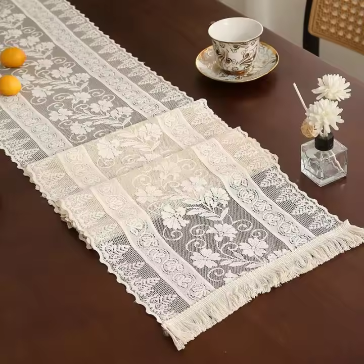 camino de mesa beige, mantel vintage de crochet Ence, tela de mezcla de algodón con borlas, mesa de comedor, restaurante, decoración de boda - 1