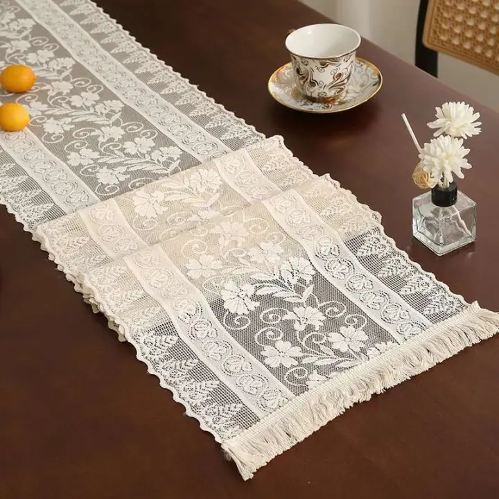 camino de mesa beige, mantel vintage de crochet Ence, tela de mezcla de algodón con borlas, mesa de comedor, restaurante, decoración de boda - 1