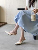 Diseño francés sentido nicho vestido negro tacones altos mujer stiletto estilo de hadas sandalias puntiagudas falda femenina - details 6