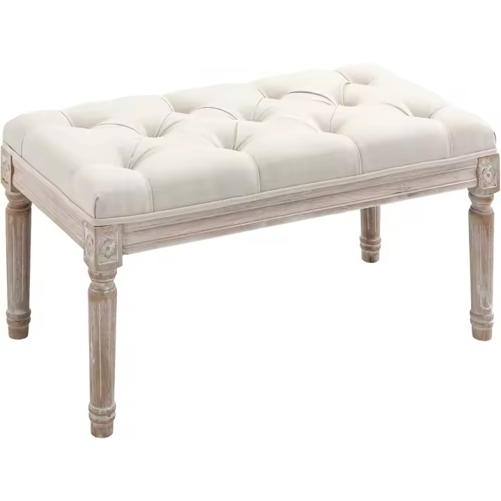 Taburete para pie de cama tapizado en tela con asiento acolchado y patas de madera, taburete de estilo vintage para dormitorio, recibidor, salón, 80x40x43 cm, beige - 1