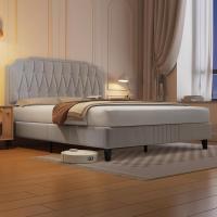 Marco de cama con cabecera tapizada, altura ajustable, soporte de láminas de madera y patas metálicas, color gris oscuro. - details 17