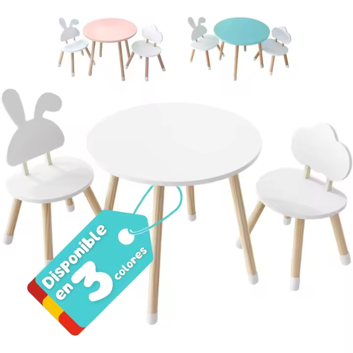 Conjunto de Mesa Redonda y Dos Sillas. Robusto diseño en Madera de Pino. Ideal para Juegos - 1