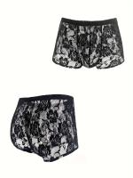 Calzoncillos hipster para hombre, 95% poliamida 5% elastano, estampado de encaje floral de alta elasticidad, tejido de punto, 110 g/m², ropa interior cómoda con detalle de encaje en contraste. - details 1