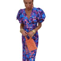 2025 Vestido de verano para mujer, azul, estampado, cuello en V, ceñido, ceñido a la cadera, manga corta - details 0