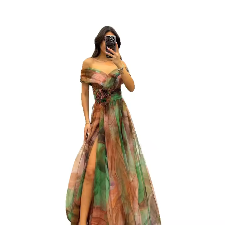 Vestido de manga corta con cuello en V ajustado elegante falda estampada plisada a la moda para mujer - 1