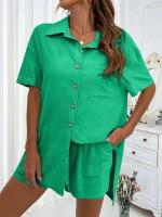 Conjunto de camisa de dos piezas de color sólido con pantalones cortos de moda para mujer, informal, suelto, manga corta, una sola fila - details 22