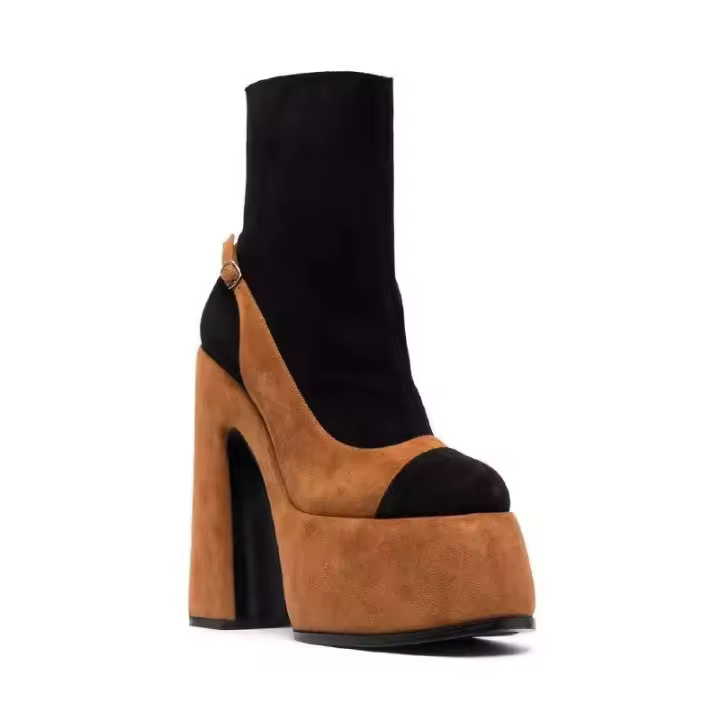 Tobillo alto de fábrica OEM para mujer, tacón grueso de 13cm, plataforma con punta redonda, botas superiores de cuero para otoño e invierno, plantilla de goma - 1
