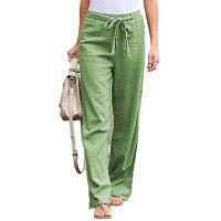 Pantalones Largos Sólidos Para Mujer Casual Algodón Lino Con Cordón Cintura Elástica Pierna Ancha Estilo Callejero Ropa De Mujer - details 1